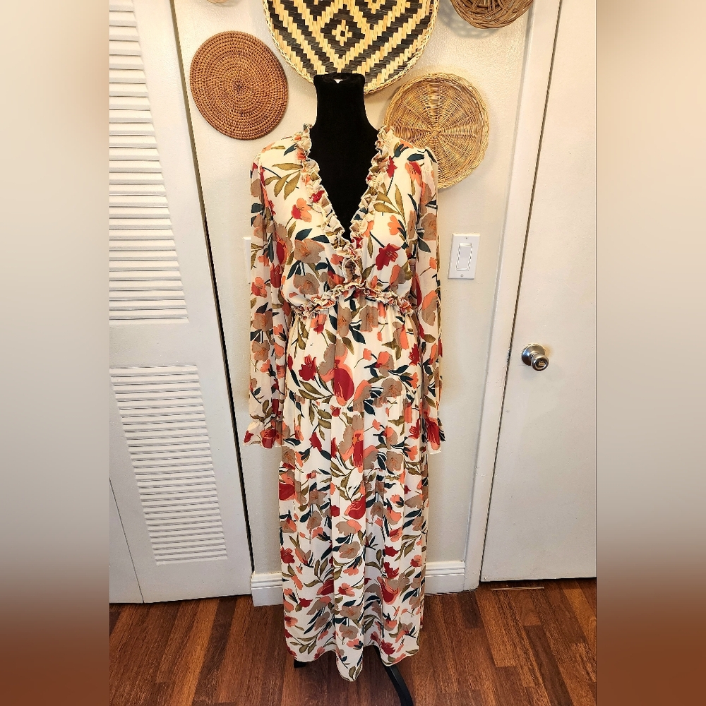 Floral Maxi Dress with Long Sleeves And Ruffles